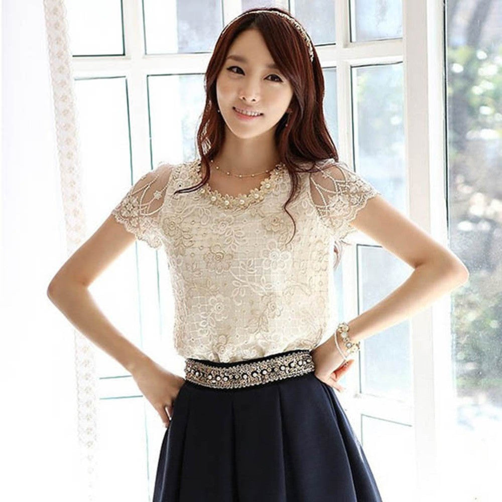 Online discount shop Australia - Blouses Women Short Sleeve Lace Chiffon Blouse Tops Pearls Neck Flower White Shirt Plus Size