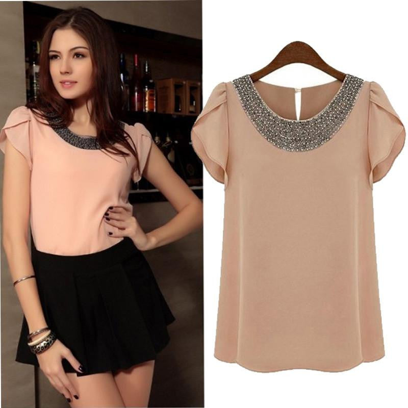 Women Beaded Chiffon Blouse Lotus Sleeves Fashion O-Neck Ladies Beading Blouses Tops