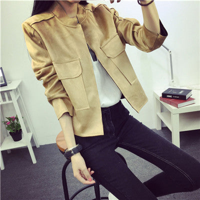Ladies Soft Suede Jacket Women Vintage Faux Leather casual short Army Green Pink Outwear Tops Slim Wear