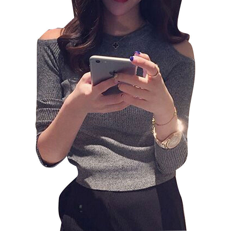 Long Sleeve Knitted Tee Shirt Stretch Slim Off The Shoulder Tops For Women O Neck T Shirt Women
