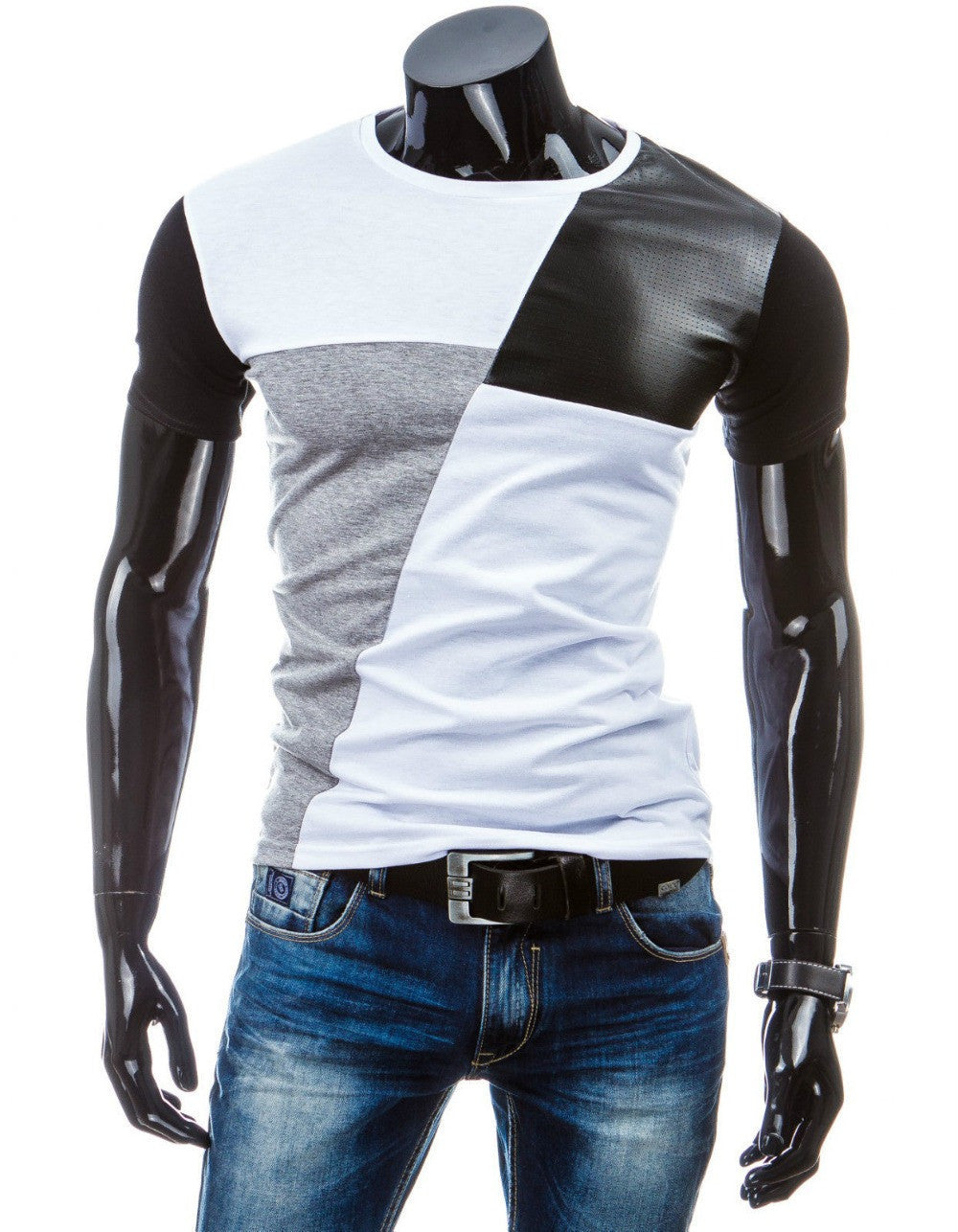 Online discount shop Australia - Mens T Shirts PU Leather Sleeve O-Neck Fashion Slim Fit Casual Patchwork Short Sleeve T Shirt T103