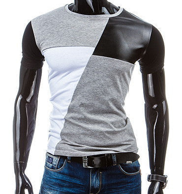 Online discount shop Australia - Mens T Shirts PU Leather Sleeve O-Neck Fashion Slim Fit Casual Patchwork Short Sleeve T Shirt T103