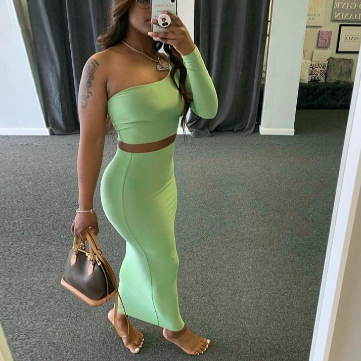 2 Piece Set Skirt and One Shoulder Long Sleeve Crop Top Fall Clothes for Women Fashion Sexy Club Outfits-Dollar Bargains Online Shopping Australia