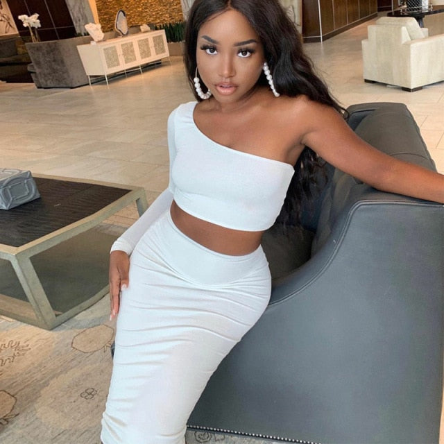 2 Piece Set Skirt and One Shoulder Long Sleeve Crop Top Fall Clothes for Women Fashion Sexy Club Outfits-Dollar Bargains Online Shopping Australia