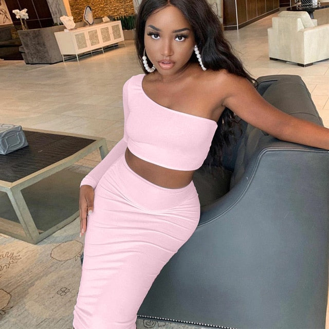2 Piece Set Skirt and One Shoulder Long Sleeve Crop Top Fall Clothes for Women Fashion Sexy Club Outfits-Dollar Bargains Online Shopping Australia