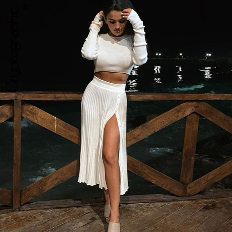 Cryptographic Solid Sexy Sweater Cropped Top Midi Skirt Two Piece Set Women Matching Set Outfits Button Up Split Skirts Winter-Dollar Bargains Online Shopping Australia