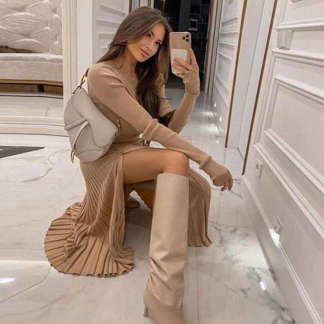Cryptographic Solid Sexy Sweater Cropped Top Midi Skirt Two Piece Set Women Matching Set Outfits Button Up Split Skirts Winter-Dollar Bargains Online Shopping Australia