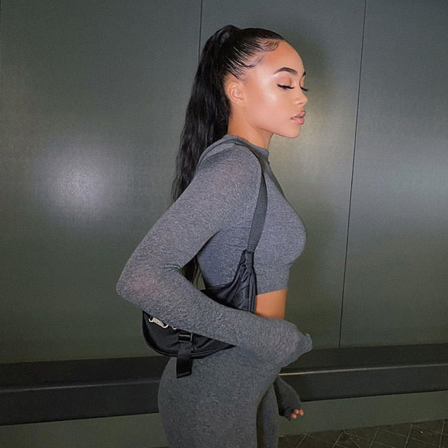 Two Piece Sets Women Solid Autumn Tracksuits High Waist Stretchy Sportswear Hot Crop Tops And Leggings Matching Outfits-Dollar Bargains Online Shopping Australia