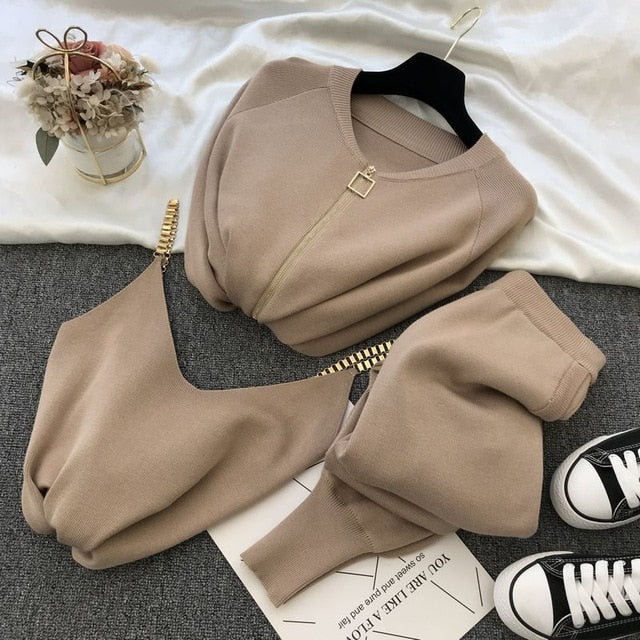 Autumn Winter Knitted Vest Zipper Cardigans Pants 3pcs Sets Tracksuits Outfits-Dollar Bargains Online Shopping Australia
