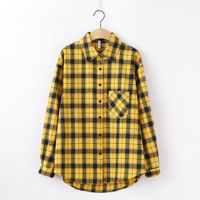 Women Plaid Shirt Chic Checked Blouse Long Sleeve Female Casual Print Shirts Loose Cotton Tops-Dollar Bargains Online Shopping Australia