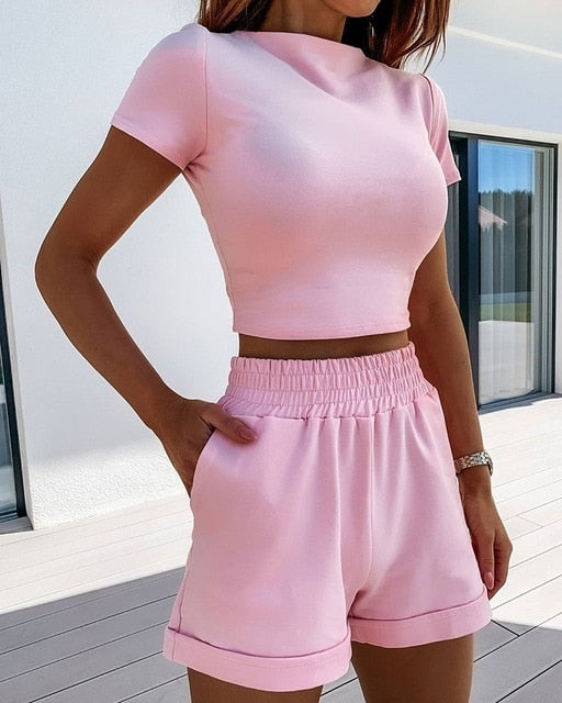 Women Short Casual Two Piece Clothing Tracksuit Pockets Loose Shorts Set Female O-Neck Casual Sets-Dollar Bargains Online Shopping Australia