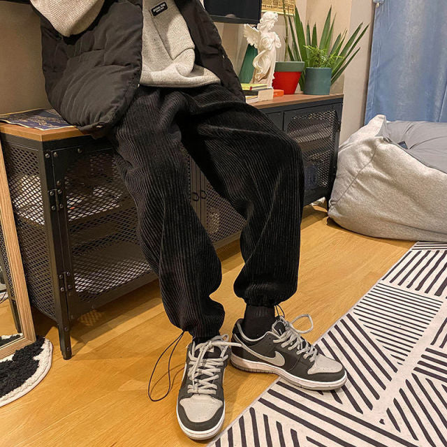 Tie Leg Straight Pants Woman Corduroy Solid Color Oversize Trousers Man Warm Korean Streetwear Pants