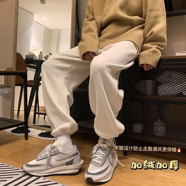 Tie Leg Straight Pants Woman Corduroy Solid Color Oversize Trousers Man Warm Korean Streetwear Pants