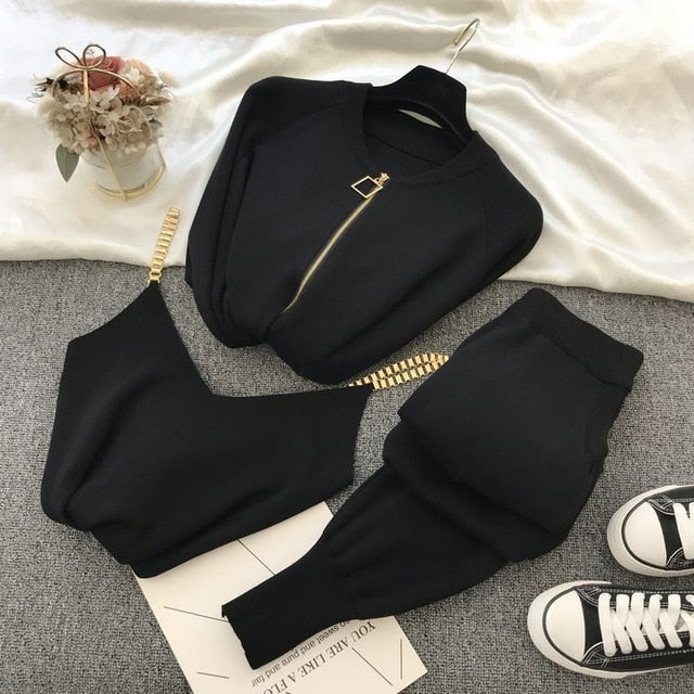 Autumn Knitted Women Sets Solid Sexy Vest Long Sleeve Zipper Cardigans Elastic Waist Pants 3pcs Sets Tracksuits Clothing Women-Dollar Bargains Online Shopping Australia