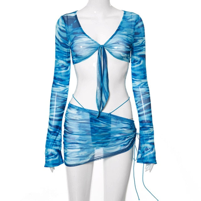 Floral Printed Mesh Sexy Top and Skirts Sets Summer Vacation Outfits 2021 Rave Party Club Wear Two Piece Set D85-CE11-Dollar Bargains Online Shopping Australia