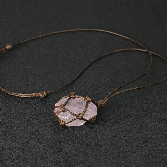 Natural Stone Rope Wrap Necklace Irregular Rose Crystal Quartz Pendant Necklaces Adjustable Women Girl Vintage Jewelry G317
