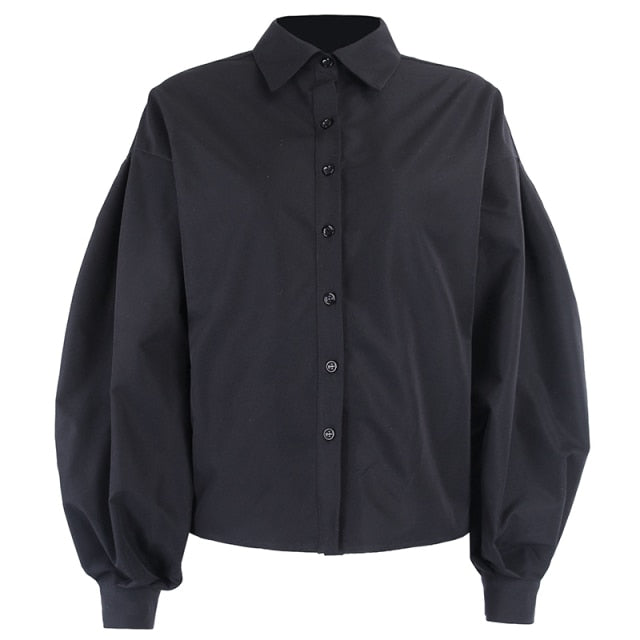 Lantern Sleeve Elegant Shirt Blouse White Black Sexy Button Vintage Turn Down Collar Office Ladies Shirt Female Casual-Dollar Bargains Online Shopping Australia