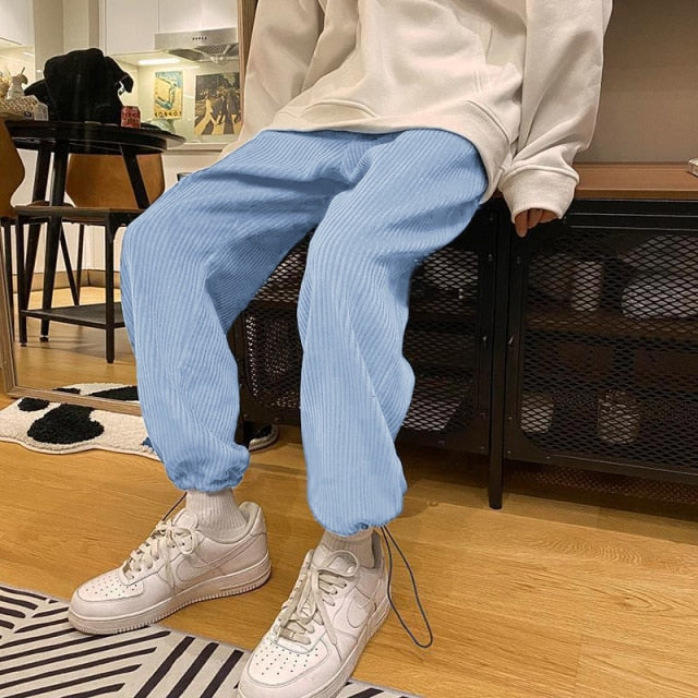 Tie Leg Straight Pants Woman Corduroy Solid Color Oversize Trousers Man Warm Korean Streetwear Pants
