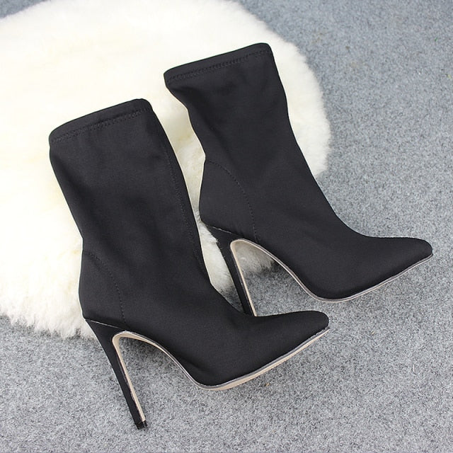 Women Shoes Pointed Toe Elastic Boots Candy Color Cloth Boots High Heel Socks Boots Thin High Heels Women Pumps Size 35-43