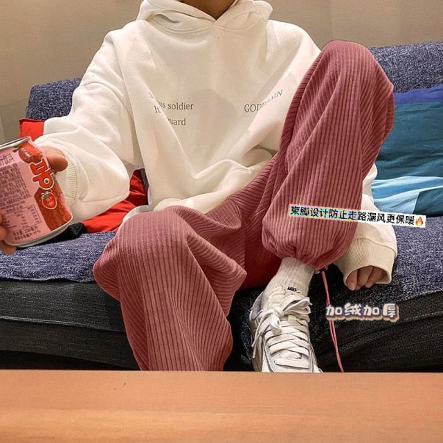 Tie Leg Straight Pants Woman Corduroy Solid Color Oversize Trousers Man Warm Korean Streetwear Pants