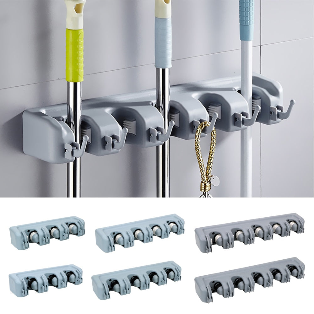 Plastic Mop Holder Broom Hanger Wall Mounted 3/4/5 Position Brush Support Broomstick Hook Storage Rack Bathroom Organizer