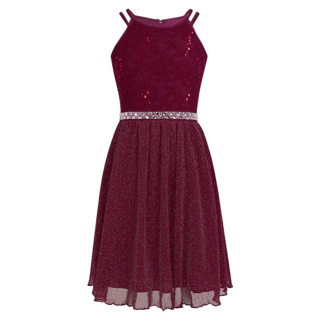 Kids Girls Sleeveless Sequined Floral Lace Shiny Princess Tulle Dress for Birthday Party Summer Prom Clothes
