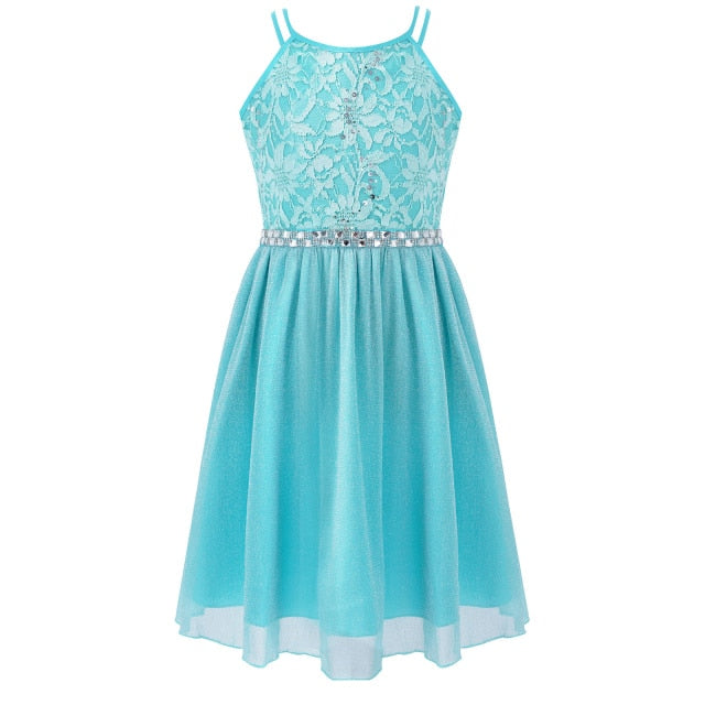 Kids Girls Sleeveless Sequined Floral Lace Shiny Princess Tulle Dress for Birthday Party Summer Prom Clothes