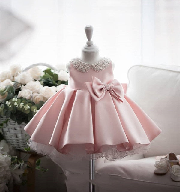 White Wedding Satin Princess Baby Girls Dress Bow 1st Birthday Evening Party Infant Christening Dress for Girl Gala Kid Clothes