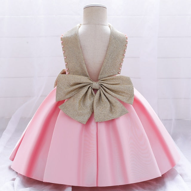 White Wedding Satin Princess Baby Girls Dress Bow 1st Birthday Evening Party Infant Christening Dress for Girl Gala Kid Clothes