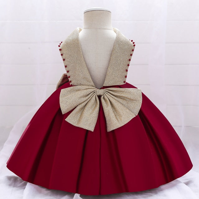 White Wedding Satin Princess Baby Girls Dress Bow 1st Birthday Evening Party Infant Christening Dress for Girl Gala Kid Clothes