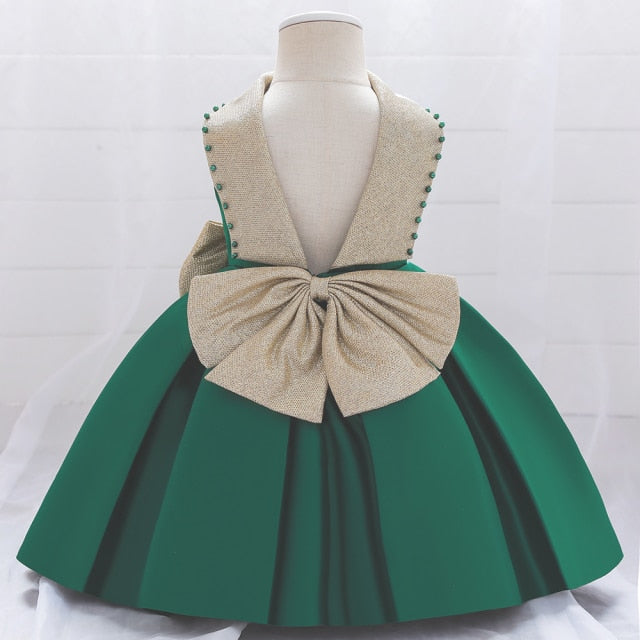 White Wedding Satin Princess Baby Girls Dress Bow 1st Birthday Evening Party Infant Christening Dress for Girl Gala Kid Clothes