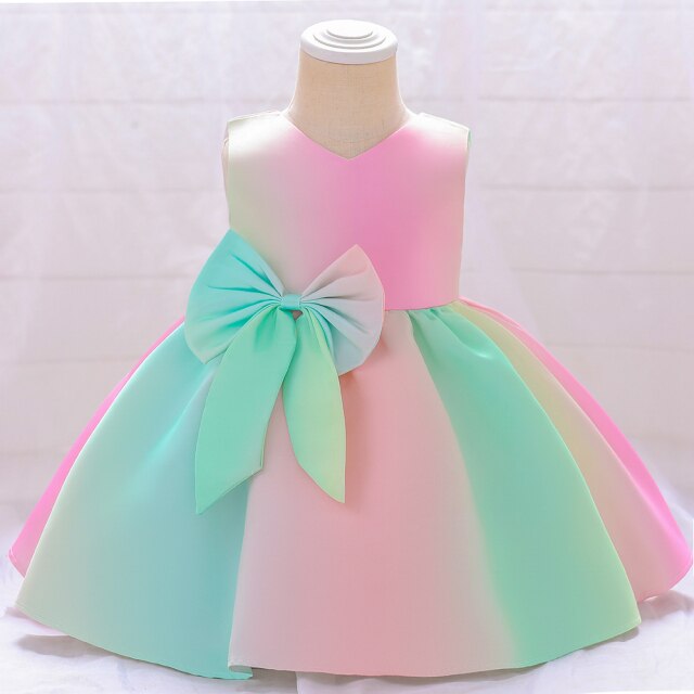 White Wedding Satin Princess Baby Girls Dress Bow 1st Birthday Evening Party Infant Christening Dress for Girl Gala Kid Clothes