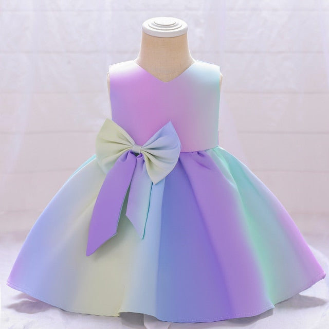 White Wedding Satin Princess Baby Girls Dress Bow 1st Birthday Evening Party Infant Christening Dress for Girl Gala Kid Clothes