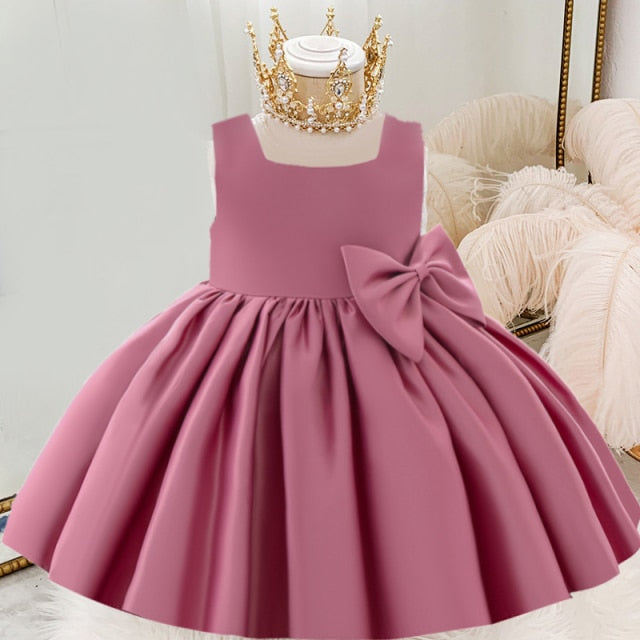 White Wedding Satin Princess Baby Girls Dress Bow 1st Birthday Evening Party Infant Christening Dress for Girl Gala Kid Clothes