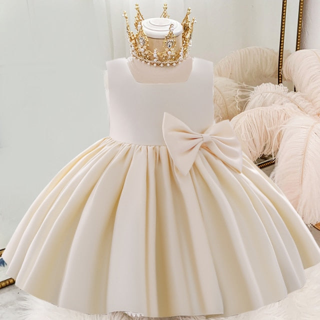 White Wedding Satin Princess Baby Girls Dress Bow 1st Birthday Evening Party Infant Christening Dress for Girl Gala Kid Clothes