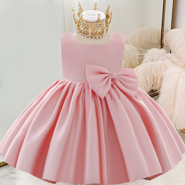 White Wedding Satin Princess Baby Girls Dress Bow 1st Birthday Evening Party Infant Christening Dress for Girl Gala Kid Clothes