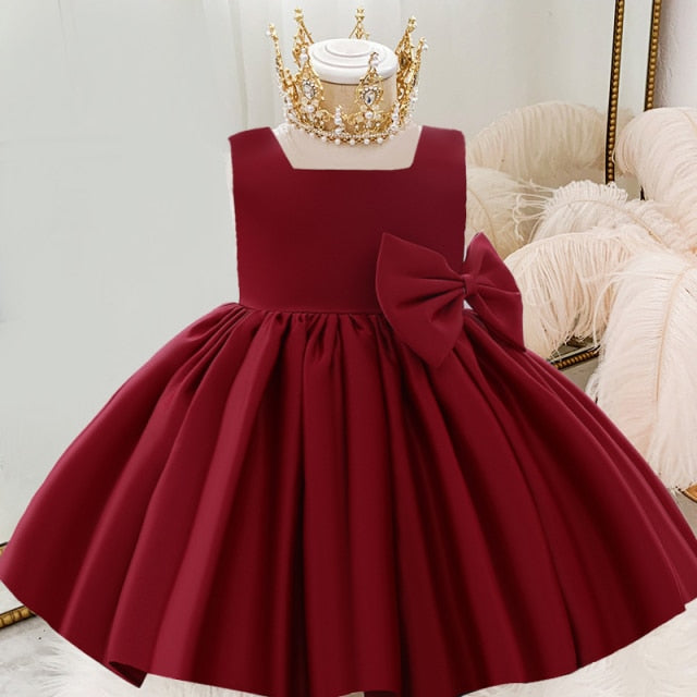 White Wedding Satin Princess Baby Girls Dress Bow 1st Birthday Evening Party Infant Christening Dress for Girl Gala Kid Clothes