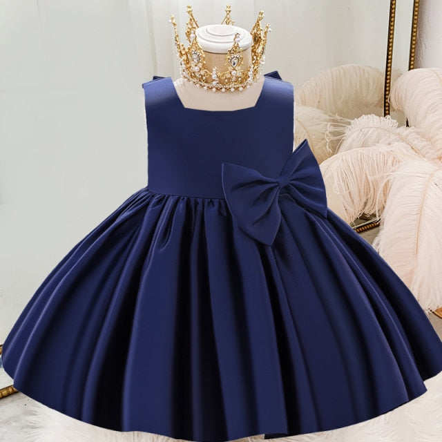 White Wedding Satin Princess Baby Girls Dress Bow 1st Birthday Evening Party Infant Christening Dress for Girl Gala Kid Clothes