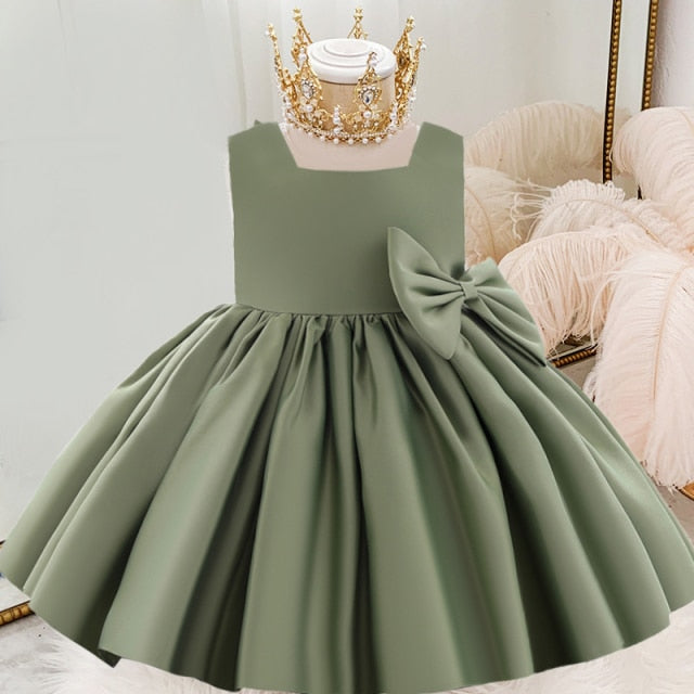 White Wedding Satin Princess Baby Girls Dress Bow 1st Birthday Evening Party Infant Christening Dress for Girl Gala Kid Clothes