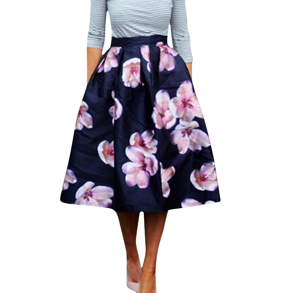 Women Peach Floral Print Elastic High Waist Pleated Long Midi Skater Skirt 3 Colors In Stock Spring
