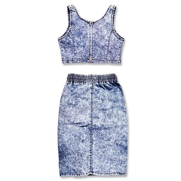 Sexy Denim Crops Tops And Skirt 2 Piece Set Deep V Neck High Waist Elastic Snowflakes Package Hip Corset Hollow-Out Set-Dollar Bargains Online Shopping Australia