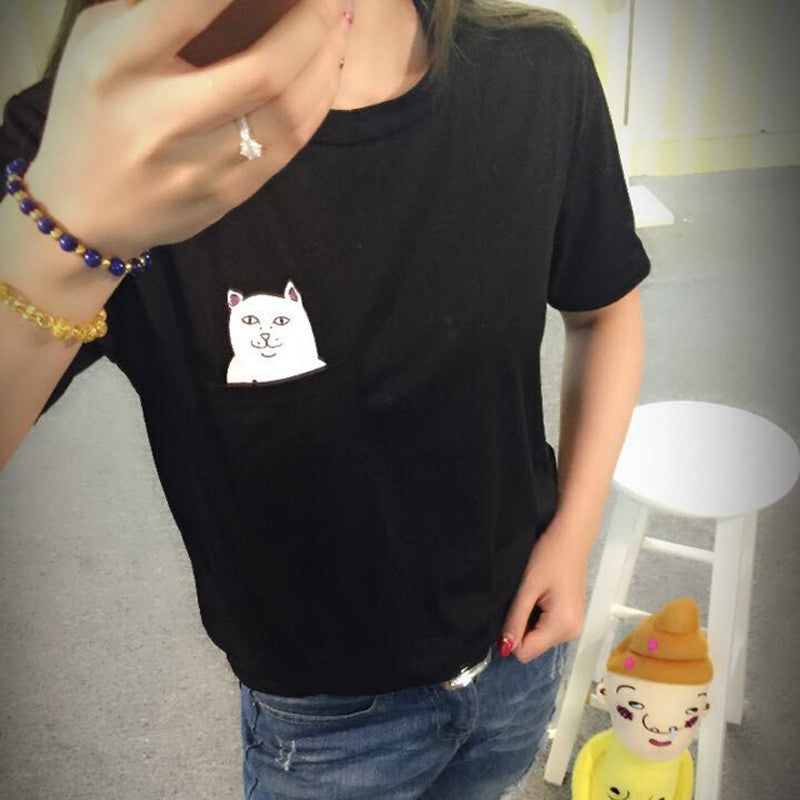 S-4XL Plus Size Women T Shirt Cat Print Pockets Short Sleeve Cotton T-shirts Women Poleras De Mujer Camisetas-Dollar Bargains Online Shopping Australia