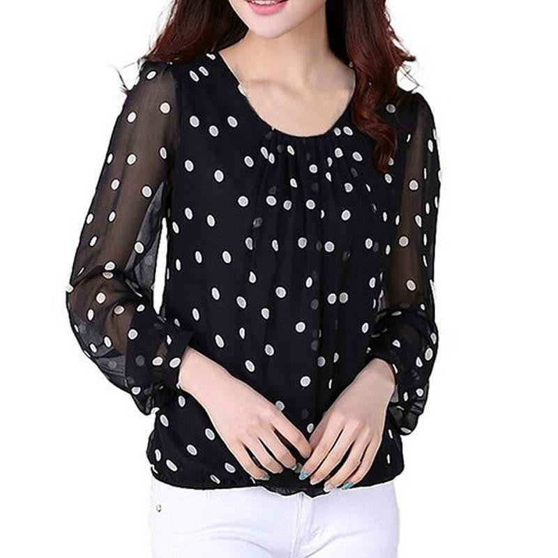 Women Blouses Polka Dot Chiffon Blouse Women Tops O-Neck Long Sleeve Fashion Woman Shirts