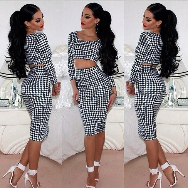 s Sexy Women Houndstooth Long Sleeve Tops 2pcs Set Midi Dress Bodycon Clubwear L34-Dollar Bargains Online Shopping Australia