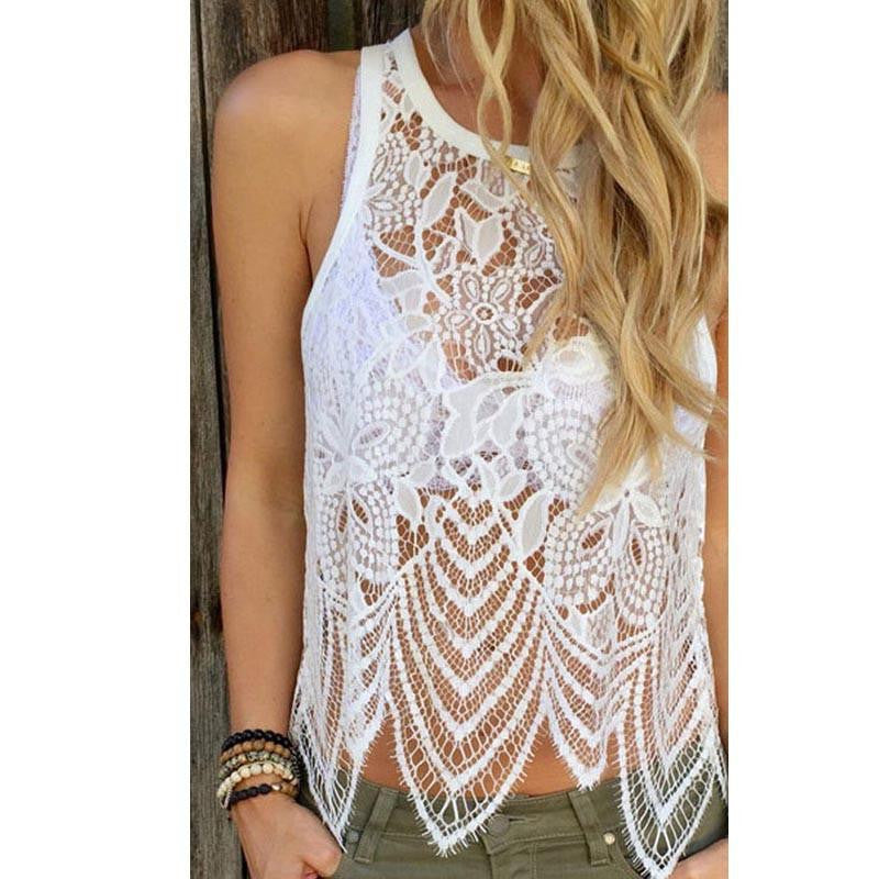 White Women Lace Crochet Vest Tank Top Casual Sleeveless Blouse plus size