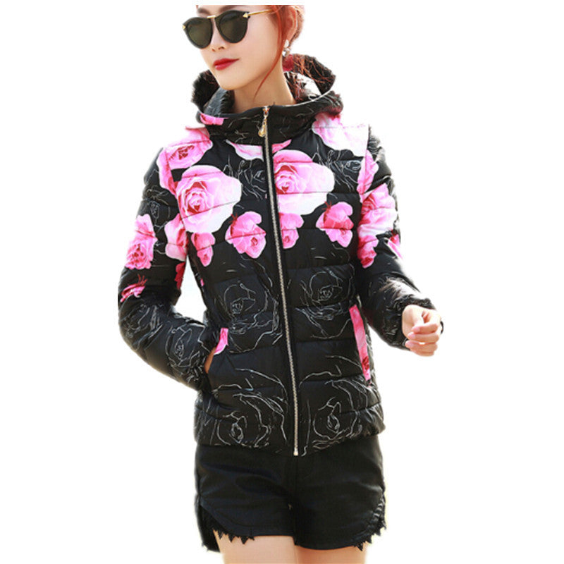 Fashion Women Winter Coat Long Sleeve Print Floral Hooded Slim Winter Parka Plus Size Cotton-Padded Jackets QH197-Dollar Bargains Online Shopping Australia