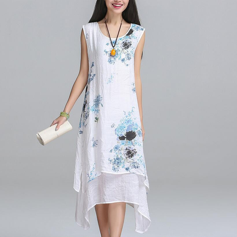 Summer dress Fashion sleeveless women dress casual cotton Linen dress Printed o-neck