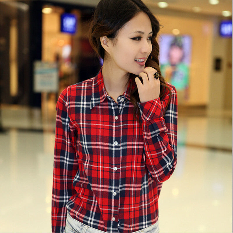 Online discount shop Australia - Fashion Plus Size Ladies Long Sleeve Casual Cotton Slim Plaid Shirt Women Tops Blouse Clothing Outerwear