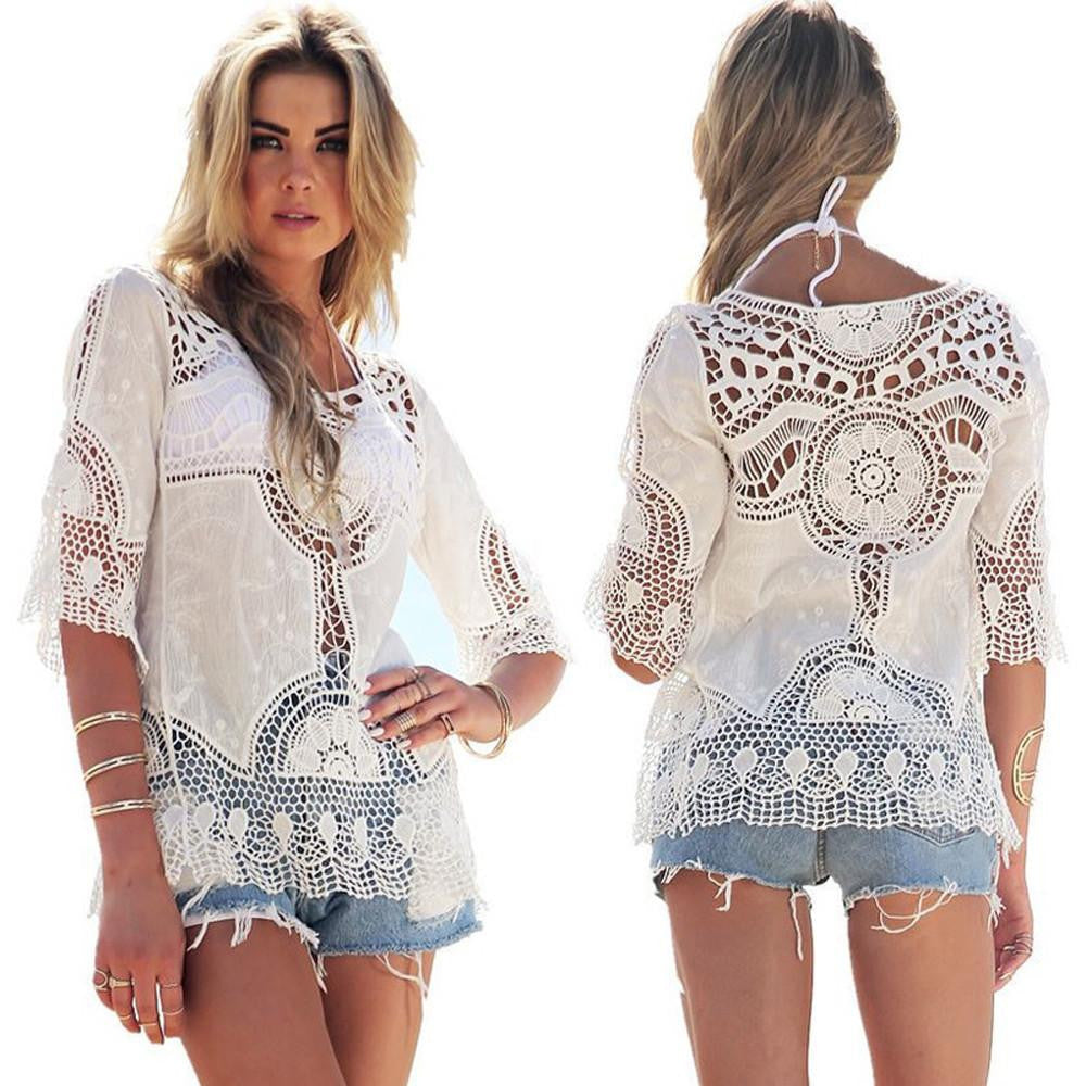 Women Blouses Lace Crochet Hollow Casual Beach Bikini Cover Up Blouses Shirt Tops