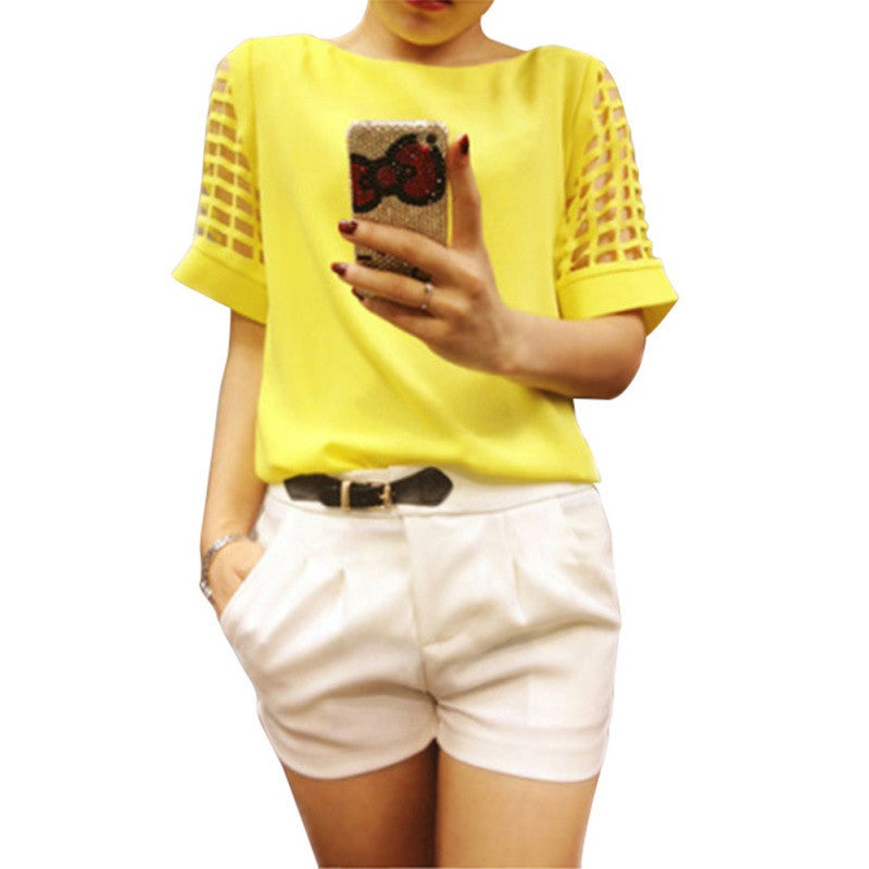 Plus Size Women Chiffon Blouses Shirts O Neck Hollow Out Short Sleeve Solid Casual ladies Tops